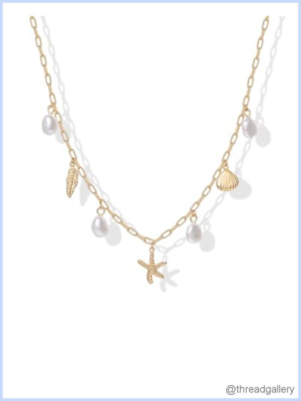 14K Gold Plated Paperclip Chain Necklace with Pearl Starfish Seashell Charms